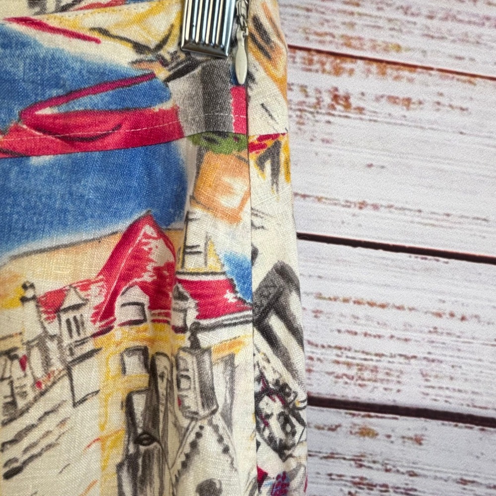 Vintage 100% Linen Midi Skirt 12 Multi Novelty European Print Eclectic Whimsy - Picture 11 of 13